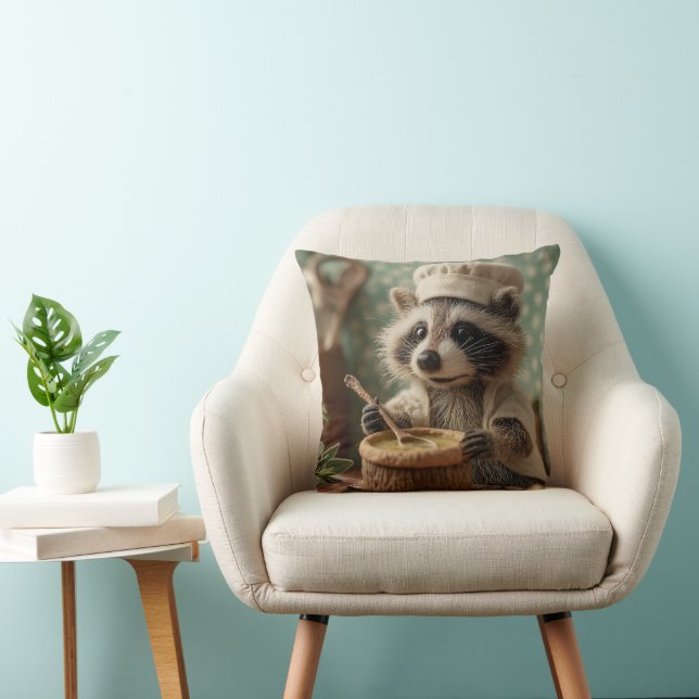 Charming and Cute Raccoon Chef Stirring a Bowl Cushion (Chair)