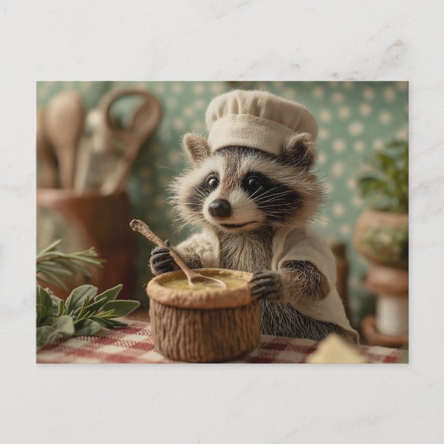 Charming and Cute Raccoon Chef Stirring a Bowl Holiday Postcard (Front)