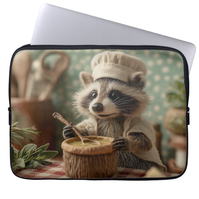 Charming and Cute Raccoon Chef Stirring a Bowl Laptop Sleeve (Front)