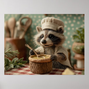 Charming and Cute Raccoon Chef Stirring a Bowl Poster