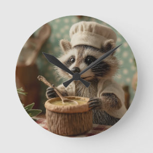 Charming and Cute Raccoon Chef Stirring a Bowl Round Clock