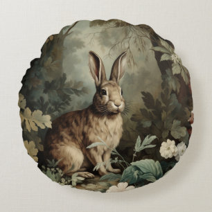Charming Antique Hare in Lush Forest Round Cushion