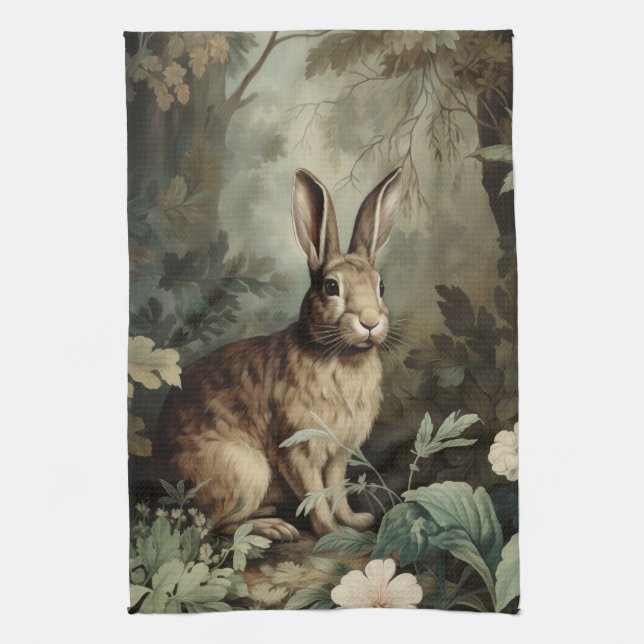 Charming Antique Hare in Lush Forest  Tea Towel (Vertical)