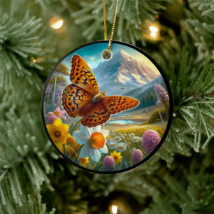 Charming Aphrodite Fritillary Butterfly  Ceramic Tree Decoration