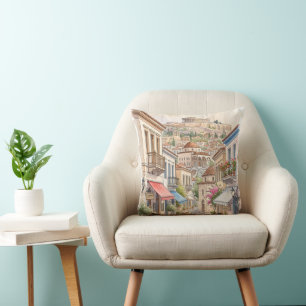 Charming Athens Greece Street Watercolor Cushion