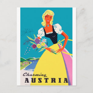 Charming Austria, woman with flowers, illustration Postcard