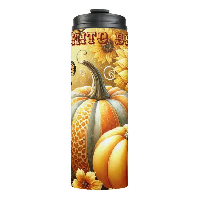 Charming Autumn Bliss: Pumpkin, Flower & Butterfly Thermal Tumbler (Front)