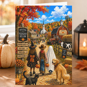 Charming Autumn Country Village Happy Halloween Card