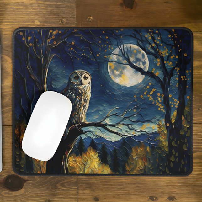 Charming Autumn Night, Wise Owl and Full Moon -  Mouse Mat (Creator Uploaded)