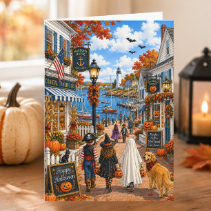 Charming Autumn Seaside Village Happy Halloween Card
