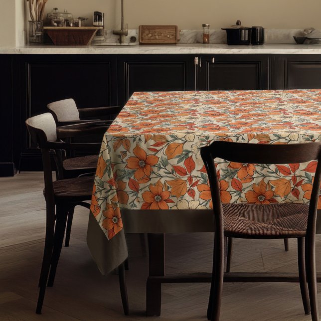 Charming autumn terracotta white flowers brown tablecloth (Charming autumn terracotta white flowers brown tablecloth)