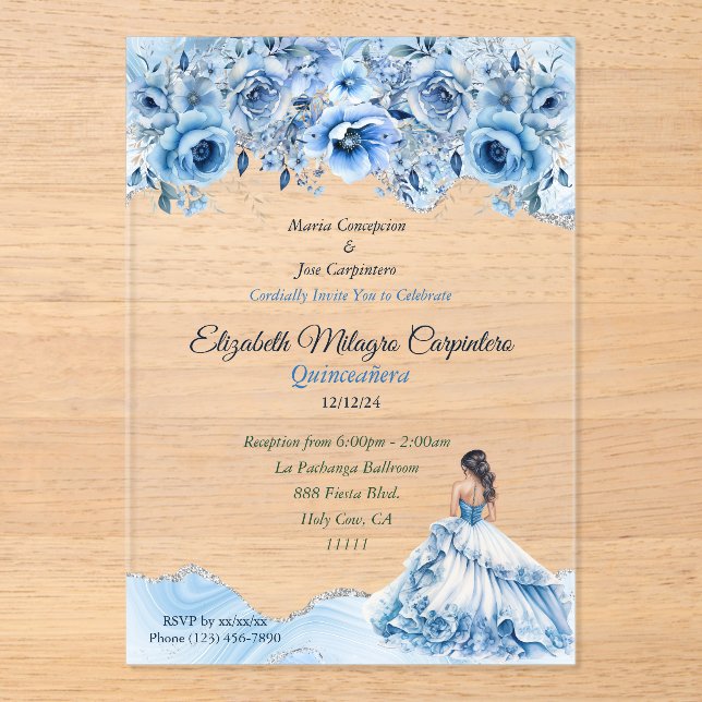 Charming Baby Blue and Silver Quinceañera Floral Acrylic Invitations (Front)