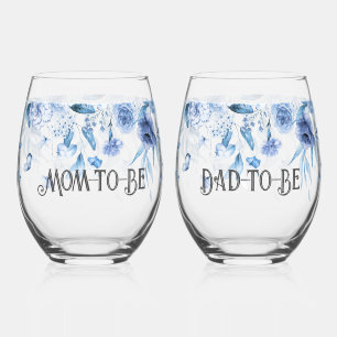 Charming Baby Blue Floral Drop l Mum & Dad-to-Be Stemless Wine Glass