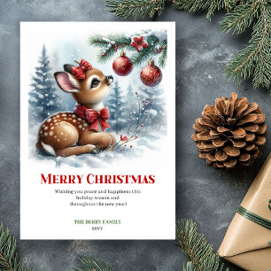 Charming Baby Deer Snowy Forest Watercolor Xmas Holiday Card