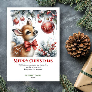 Charming Baby Fawn Christmas Scene Watercolor Card