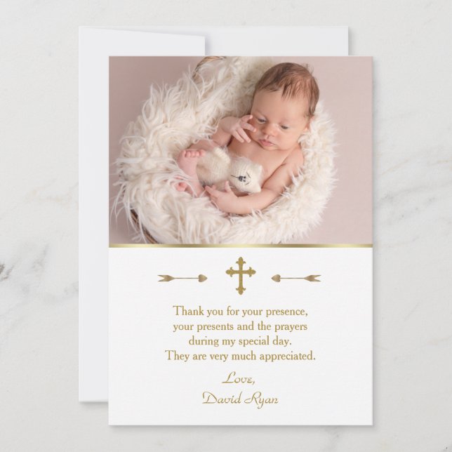 Charming Baby Photo Gold Cross Baptism Thank You Card (Front)