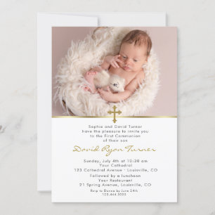 Charming Baby Photo Gold Cross Holy Communion Invitation