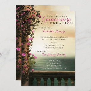 Charming Balcony with Pink Roses Beach Quinceañera Invitation