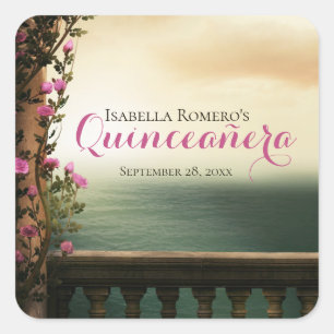 Charming Balcony with Pink Roses Beach Quinceañera Square Sticker