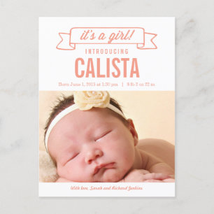 Charming Banner Birth Announcement - Baby Girl Postcard