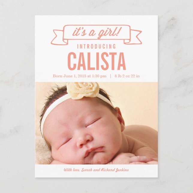 Charming Banner Birth Announcement - Baby Girl Postcard (Front)