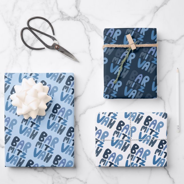 Charming Bar Mitzvah Handlettering Jewish Blue Fun Wrapping Paper Sheet (Front)