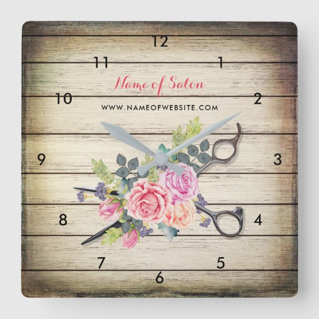 Charming Barn Wood Scissors and Roses Hairstylist Square Wall Clock (Front)