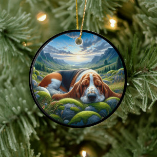 Charming Basset Hound Scene Ceramic Tree Decoration