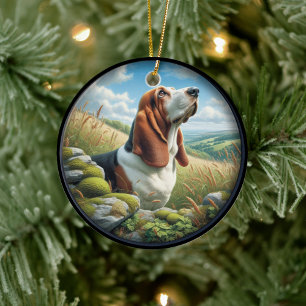 Charming Basset Hound Scene Ceramic Tree Decoration