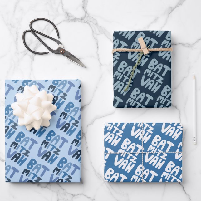 Charming Bat Mitzvah Handlettering Jewish Blue Fun Wrapping Paper Sheet (Front)