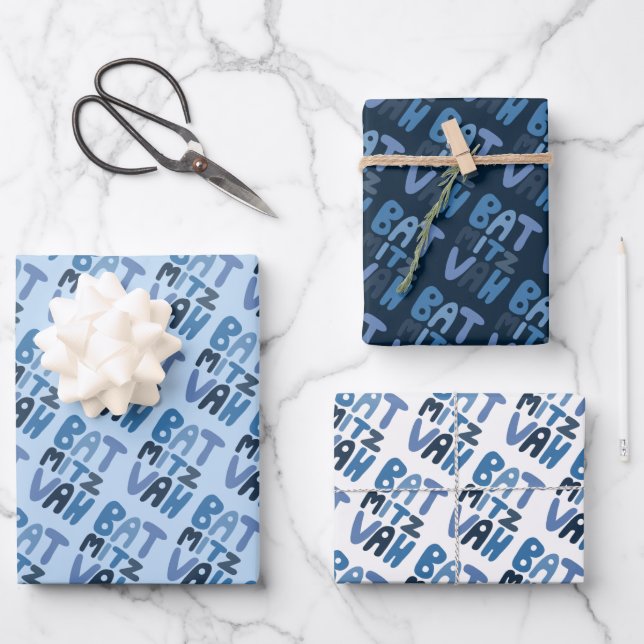 Charming Bat Mitzvah Handlettering Jewish Blue Fun Wrapping Paper Sheet (Front)
