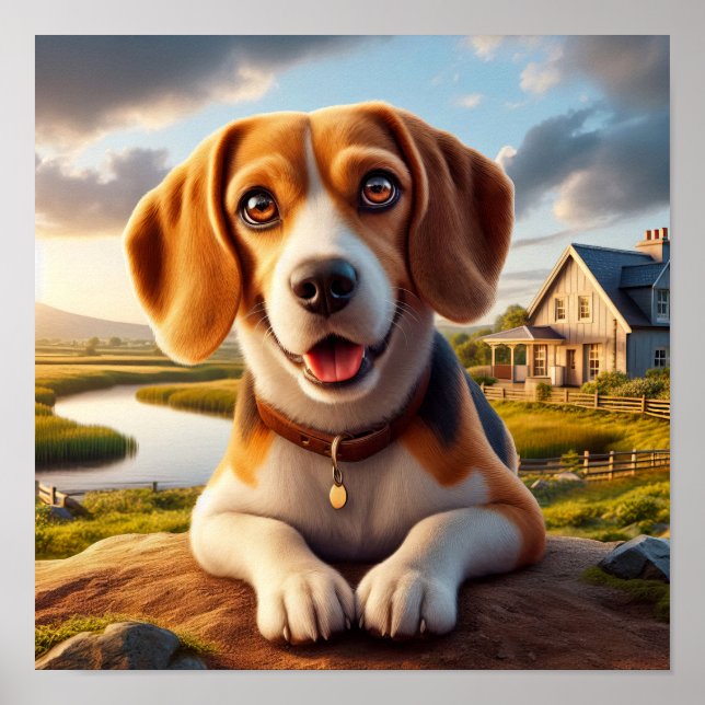 Charming Beagle in a Rustic Countryside Scene Poster (Front)
