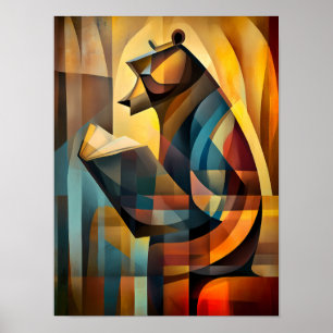 Charming Bear – Cubist Reader in Deep Thought Poster