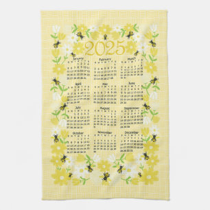 Charming Bees Flowers 2025 Calendar Design Tea Towel