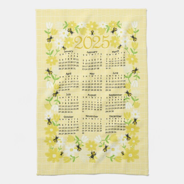 Charming Bees Flowers 2025 Calendar Design Tea Towel (Vertical)