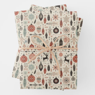 Charming Beige Christmas Feather and Reindeer Wrapping Paper Sheet