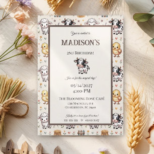 Charming Beige Watercolor Farmyard Cow Birthday Invitation