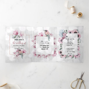 Charming Birds and Magnolia Blossoms Tri-Fold Invitation