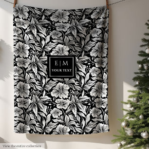Charming black and white flowers fleece wrap blanket