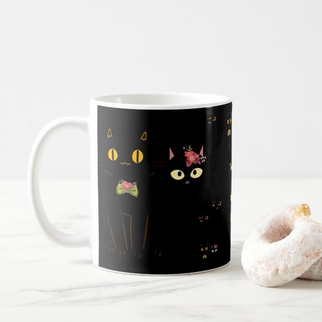 Charming Black Cat Yellow Eyes Coffee Mug (With Donut)