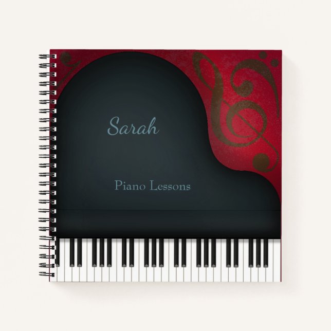 Charming Black Grand Piano Blue Personalised Title Notebook (Front)