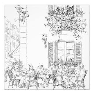 Charming Black White Paris Café Sketch Photo Print