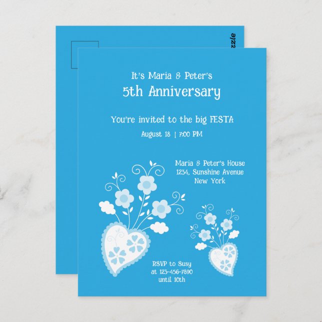 Charming blue blossom heart birthday invitation postcard (Front/Back)