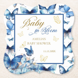 Charming Blue Butterfly Baby in Bloom Baby Shower Paper Coaster