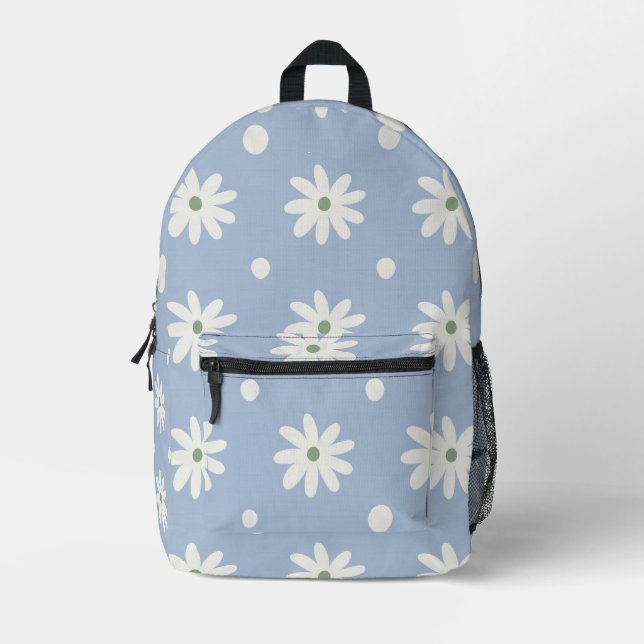 Charming Blue Daisy and Polkadot Printed Backpack (Front)