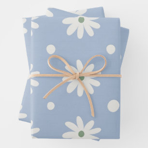 Charming Blue Daisy and Polkadot Wrapping Paper Sheet