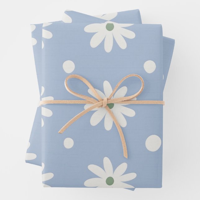 Charming Blue Daisy and Polkadot Wrapping Paper Sheet (In situ)