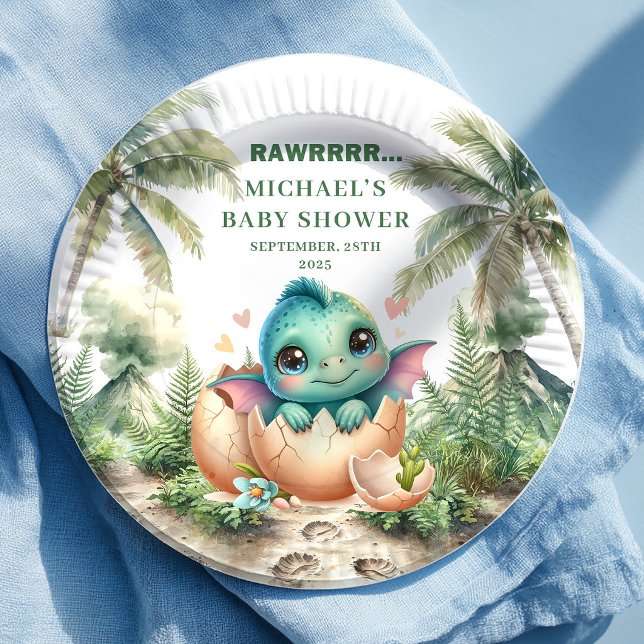 Charming Blue Dino Baby Shower Hatching Soon Plate (Charming Blue Dino Baby Shower Hatching Soon Plates)