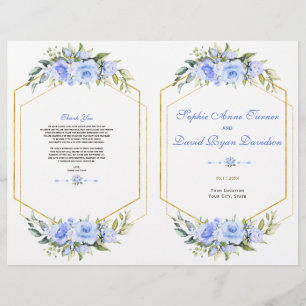 Charming Blue Floral Gold Frame Wedding Program Flyer