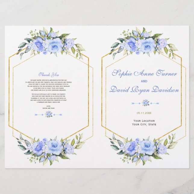 Charming Blue Floral Gold Frame Wedding Program Flyer (Front)